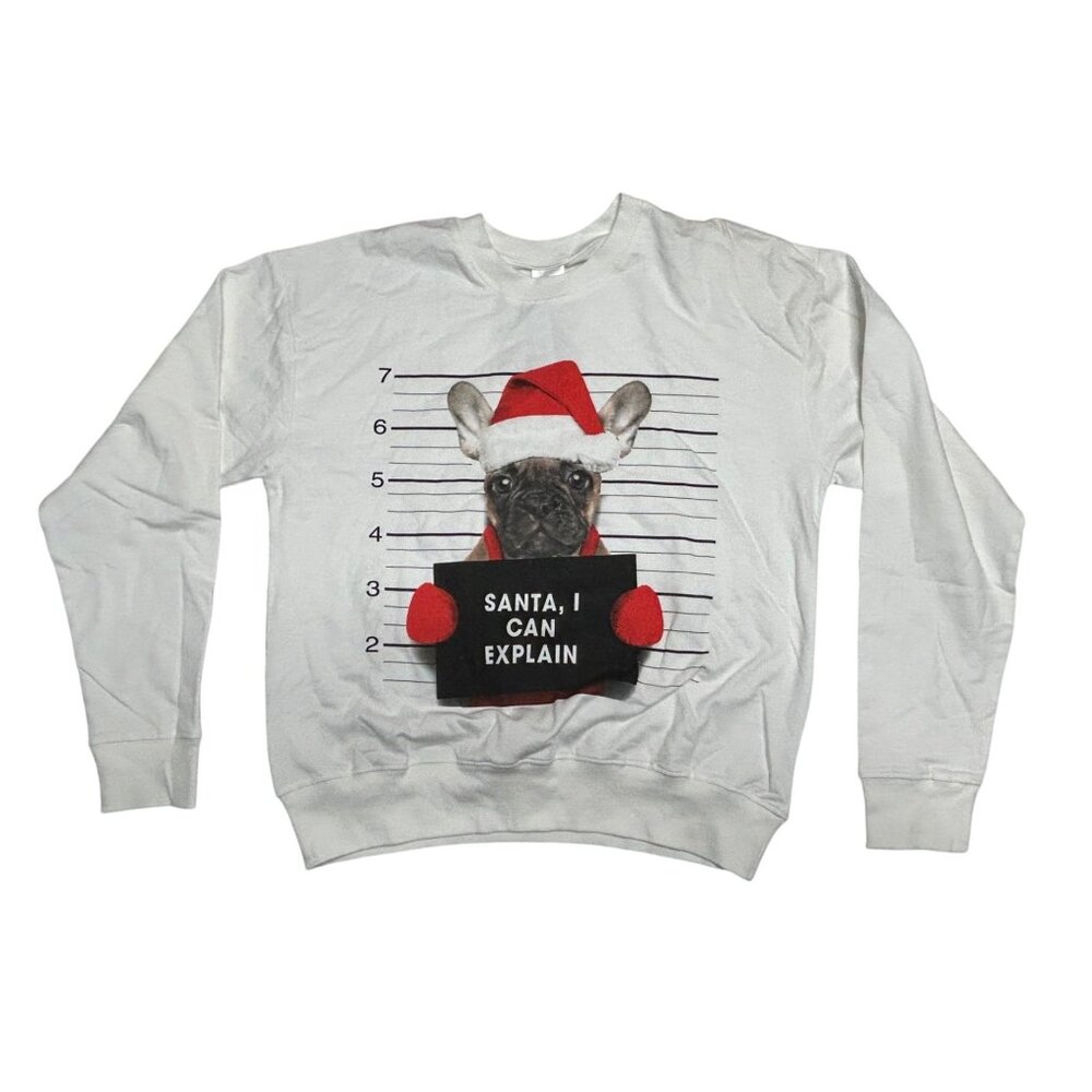 French Bulldog Christmas Sweatshirt Santa Naughty Funny Graphic White Size Large